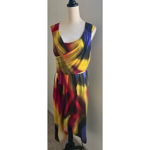 Emma & Michele Sunset Multicolor Faux Wrap V-Neck Sleeveless MIDI Dress Size XL
